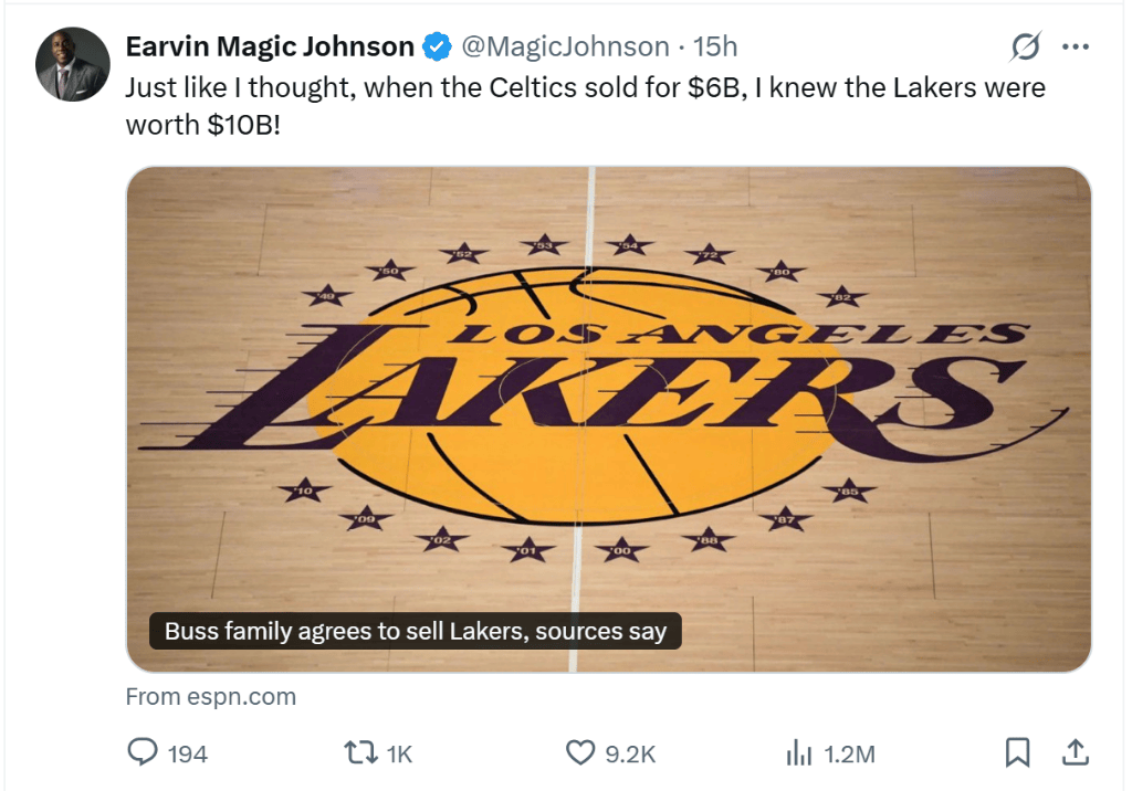 NBA豪门易主！洛杉矶湖人100亿美元估值出售，创下体育史最高成交价